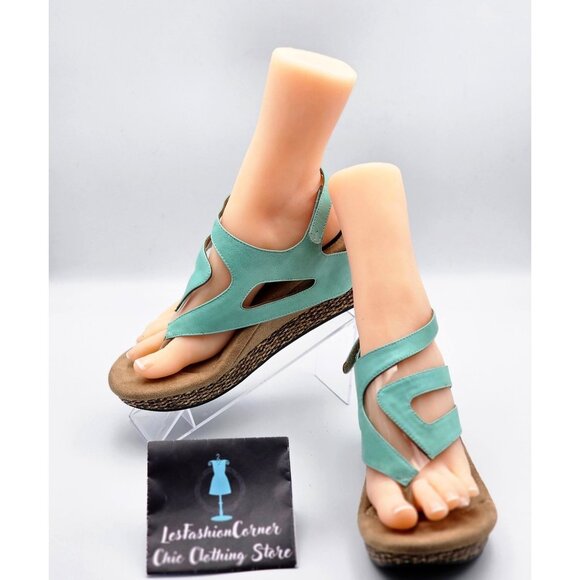 NWOB Rockzori Womens Beige Teal Zoey Reversible Sandals Mid Wedge Heel Sz 9  377 - Picture 1 of 15